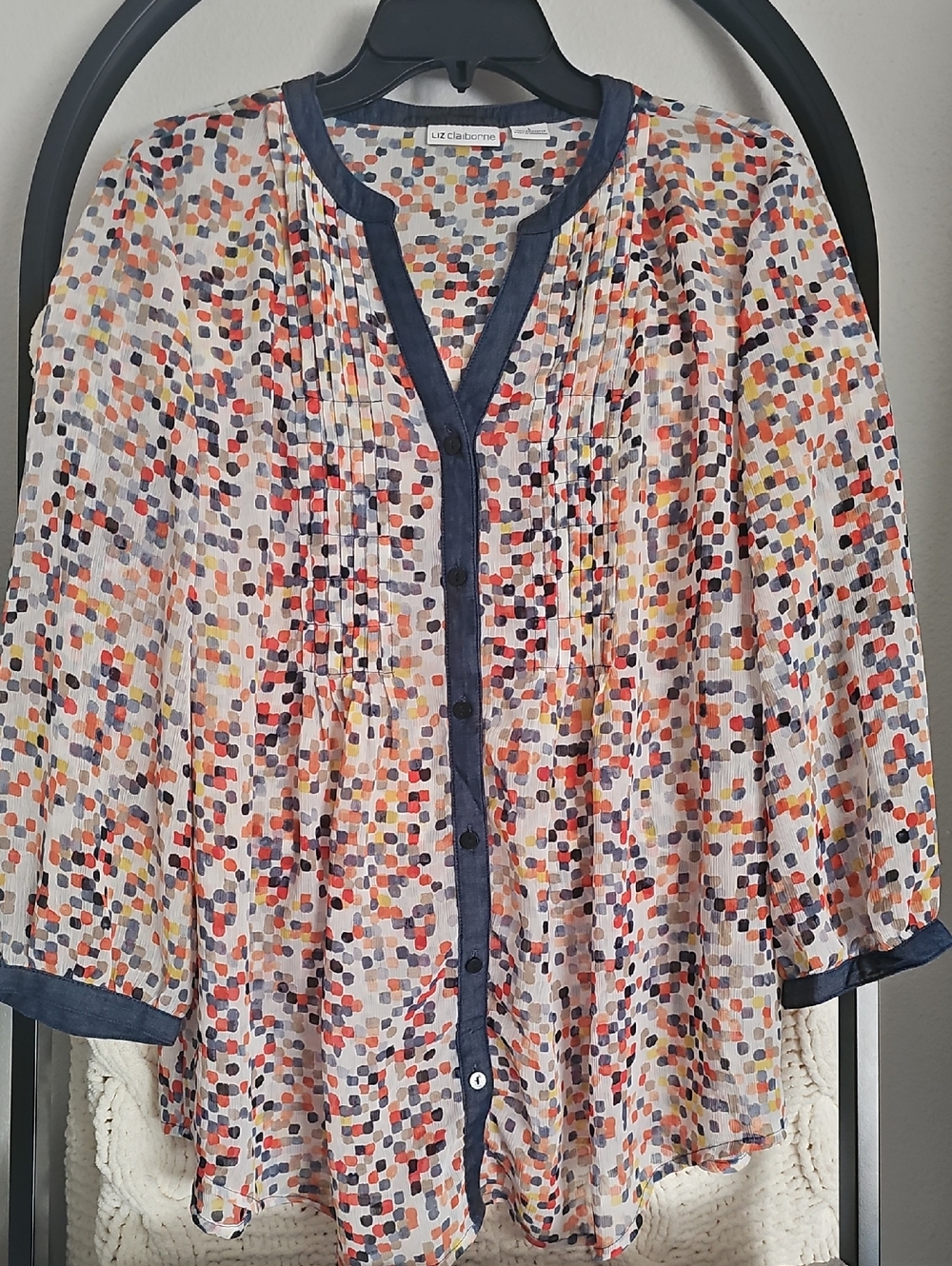 Liz Claiborne Multicolor Dot Print Button-Down Shirt with Navy Trim